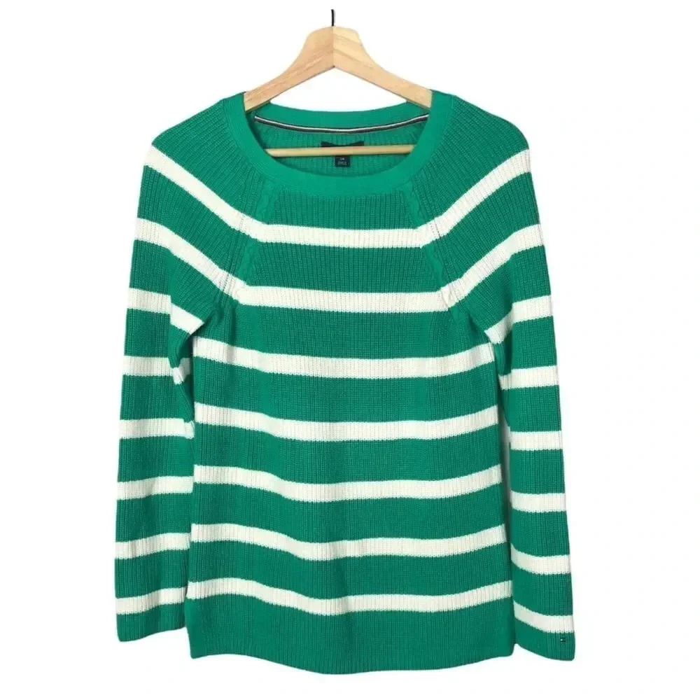Tommy Hilfiger Green & White Stripe Long Sleeve Knit Sweater S